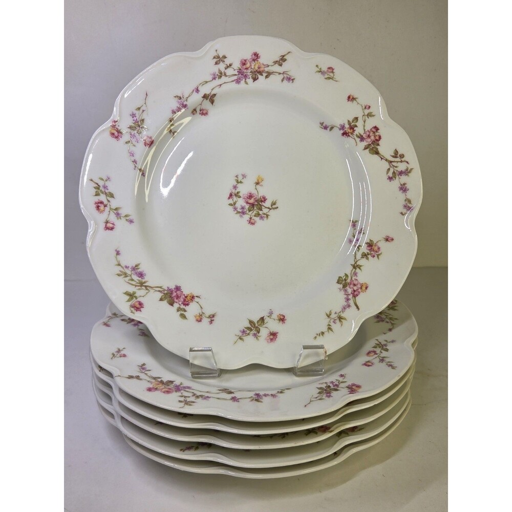 Antique Set Of 6 Haviland Limoges Scalloped Dinner Plates Floral Roses Schleiger - Picture 5 of 16